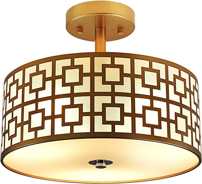 DLLT Flush Mount Ceiling Light: Modern 3-Light Semi Flush Mount Light Fixture - Drum Kitchen Lighting Fixture for Dining Room - Gold Bedroom Ceiling Lamp with Double Shade