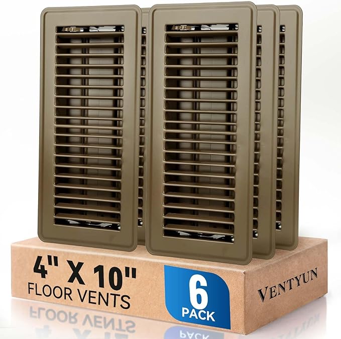 4" x 10" Floor Register Vent Covers 6-Pack, Walkable Powder-Coated Metal Vent Covers with Adjustable Airflow, Curved Safe Edges for Floor/Wall, Brown