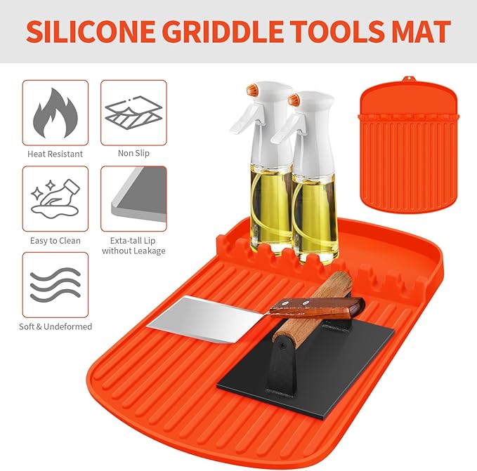 Silicone Griddle Tools Mat for Blackstone,16.9"x 11.8" Spatula Mat with Drip Pad,Heat-Resistant Grill BBQ Caddy Utensils Holder for Kitchen,Cooking & Countertop,Side Shelf Mat Blackstone Aceessories