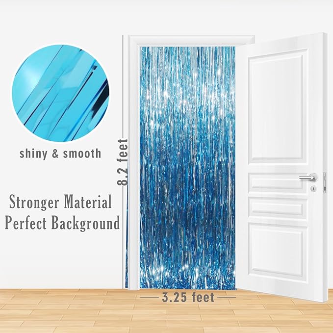 GOER 3.2 ft x 8.2 ft Metallic Tinsel Foil Fringe Curtains Party Photo Backdrop Party Streamers for Birthday,Graduation,New Year Eve Decorations Wedding Decor (4 Packs,Blue)