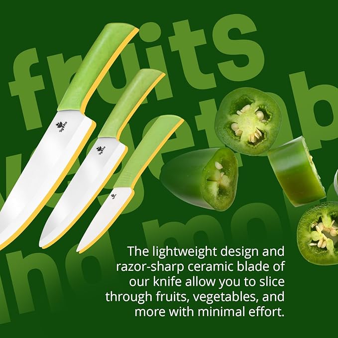 Ceramic Knife Set with Ergonomic Handle, Non-Reactive and Professional Chopping Knife Featuring Sharp, Santoku Blades for Cutting Vegetables & Fruits, Ceramic Kitchen Knives Set of 3 - 6”, 4”, 8”