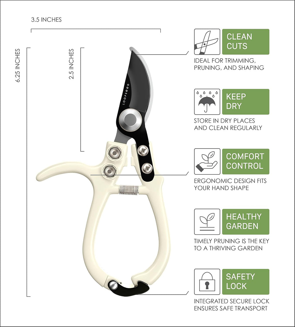 Bypass Pruning Shears Hand Pruner Garden Trimming Scissors Plant Trimmers Herb Snips Flower Clippers Ergonomic Handle Modern Garden Tools (Classic Cream)