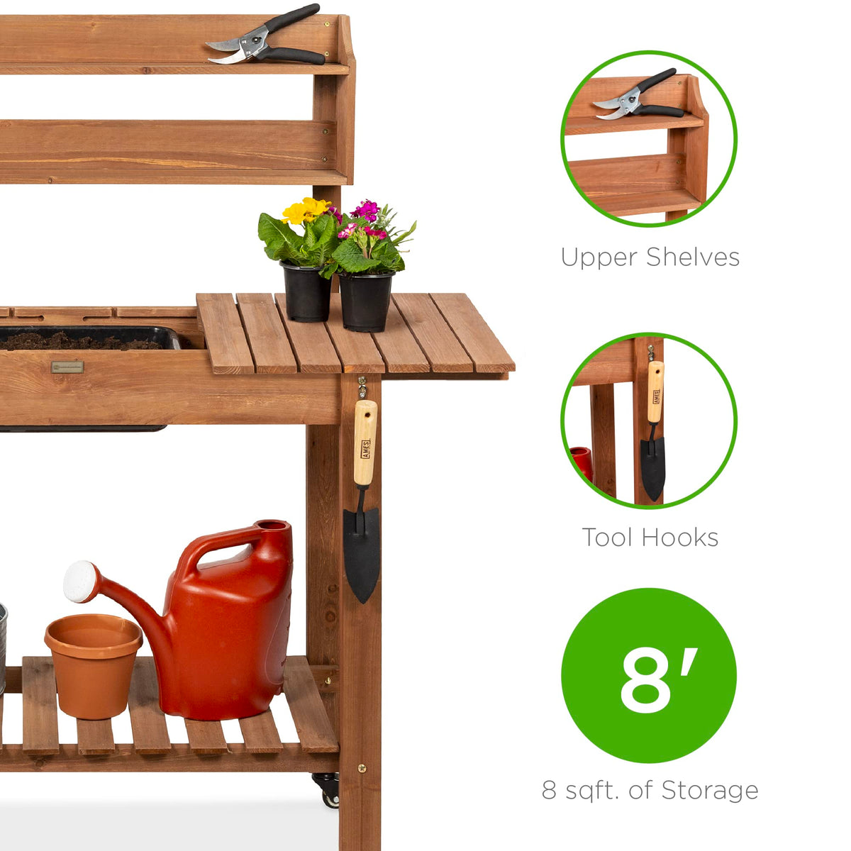 Best Choice Products Mobile Garden Potting Bench, Outdoor Wood Workstation Table w/Sliding Tabletop, 4 Locking Wheels, Food Grade Dry Sink, Storage Shelves - Brown