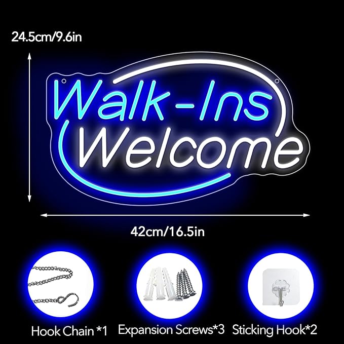 Walk-Ins Welcome Neon Sign, Neon Sign For Wall Decor, Blue + White Led Signs Usb Powered, Living Game Room Decor, For Bedroom Restaurant Bar Hotel Shop Party Birthday (16.5x9.4in)