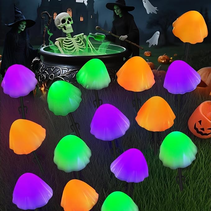 OZS 2PK 55FT 32LED Halloween Orange Purple and Green Solar Mushroom Lights Outdoor, Solar String Light with 8 Lighting Modes Auto On/Off, Halloween Garden Lights for Witch Decorations