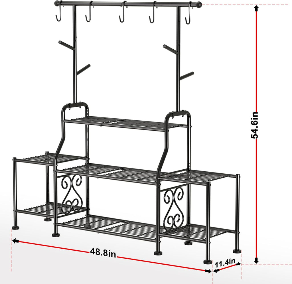 GIOTORENT 3-Tier Tall Metal Plant Stand Indoor Outdoor - Heavy Duty Plant Shelf for Garden, Patio, Balcony with 5 Hanging Hooks, Holds 16-25 Plants, Black
