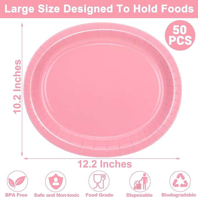 QZYL 50 Pcs Party Decorations, 12.2'' X 10.2'' Oval Large Paper Plates, Pink Disposable Paper Plates, Heavy Duty Paper Plates for Children's Birthday Party Wedding Picnic Baby Shower Barbecue Holiday