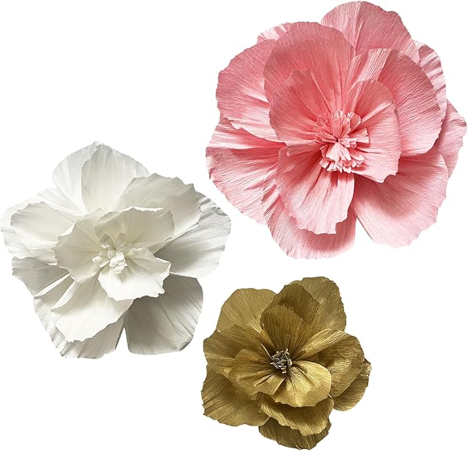 BRT Bearingshui Crepe Paper Flowers Decoration for Wall Total 9 Pcs, Artificial Flowers Backdrop for Wedding Decor Baby Bridal Shower Birthday Party, Pink White Gold 3D Wall Flowers Decor