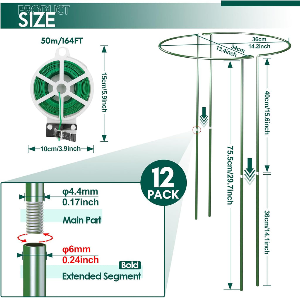 12 Pack 30 inch Plant Support Stakes, Heavy-Duty Half Round Peony Support, Garden Plant Stakes Cage for Outdoor Plants, Peony, Tomato, Hydrangea, (15ln Support +15ln Stainless Extension Tubes)