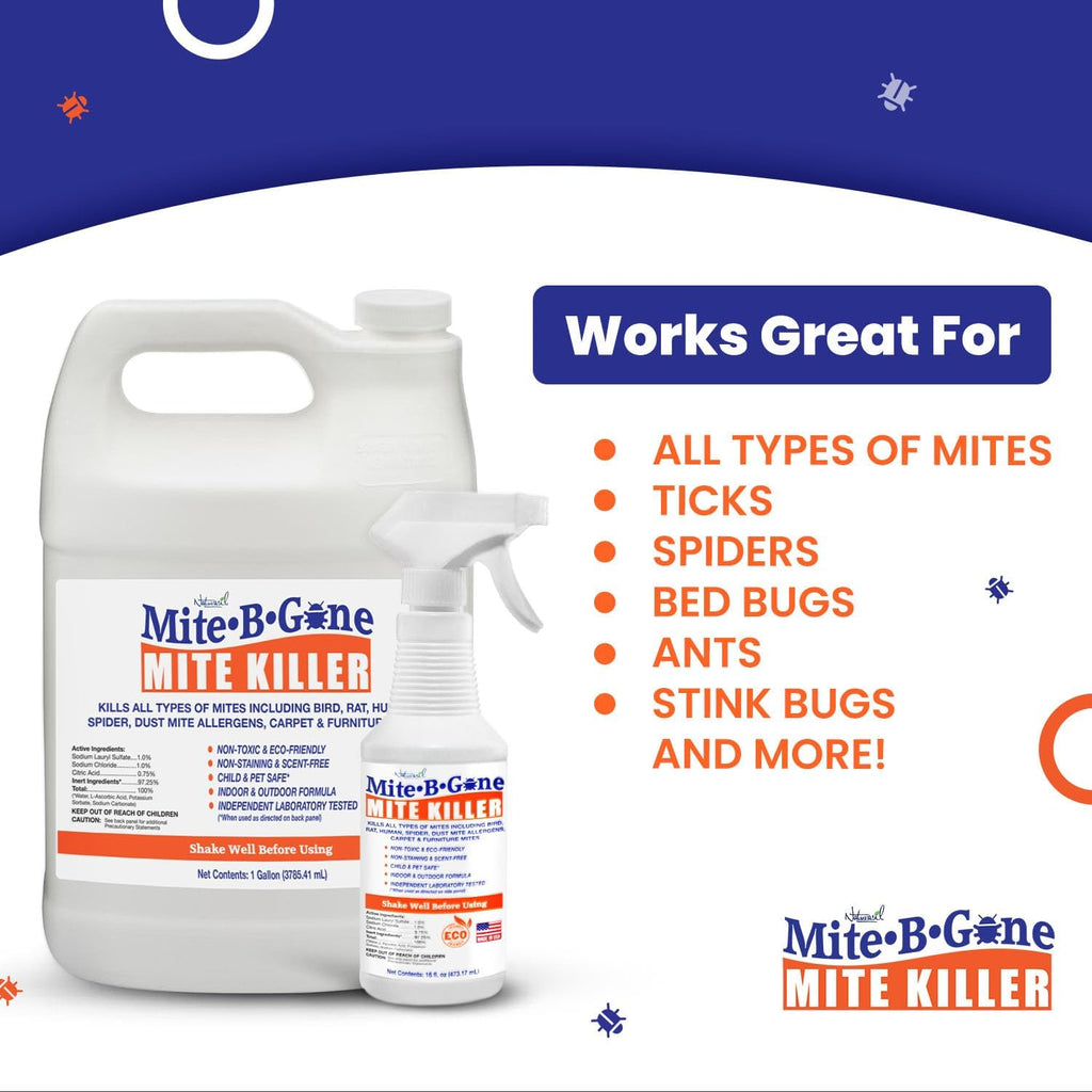 Mite Killer Treatment Spray Pack by Mite-B-Gone | Kills All Types of Mites, Dust, Spider, Rat, Carpet & Bird Mites | Safe for Homes, Furniture & Pets | Non-Toxic | Kid & Pet Friendly | 1 Gal 4-Pack