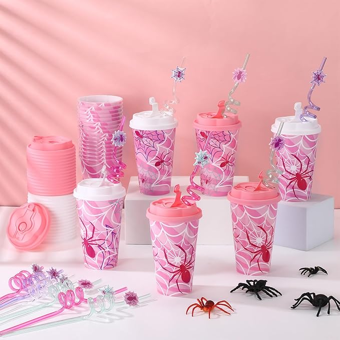 Yungyan 24 Sets Pink Spider Party Favors Goodie Cups with Lids and Straws for Halloween Party Decorations Reusable 16oz Plastic Candy Cups Plastic Straws for Birthday Gift (Pink Spider)