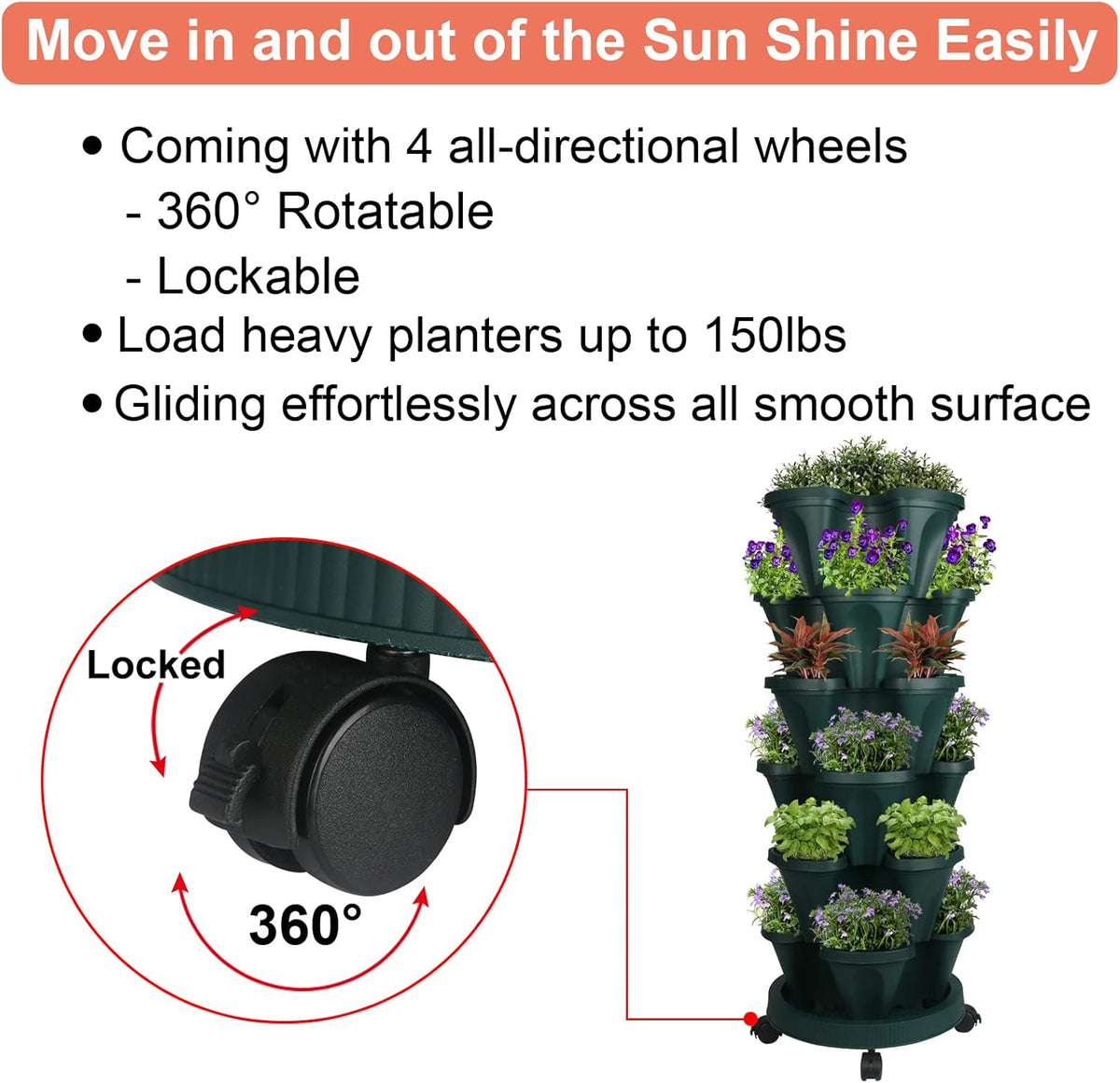 Vertical Planter 6 Tier Stackable Planters Garden Planters Strawberry Herb Flower and Vegetable Planter Indoor Outdoor Gardening Pots with Removable Wheels and Tools