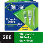 Diamond® All Occasion Clear Disposable Cutlery Set 288 Count – 96 Forks, 96 Spoons, 96 Knives, Premium Polystyrene, Crystal Clear, Party & Everyday Use