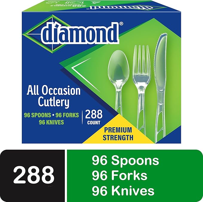 Diamond® All Occasion Clear Disposable Cutlery Set 288 Count – 96 Forks, 96 Spoons, 96 Knives, Premium Polystyrene, Crystal Clear, Party & Everyday Use