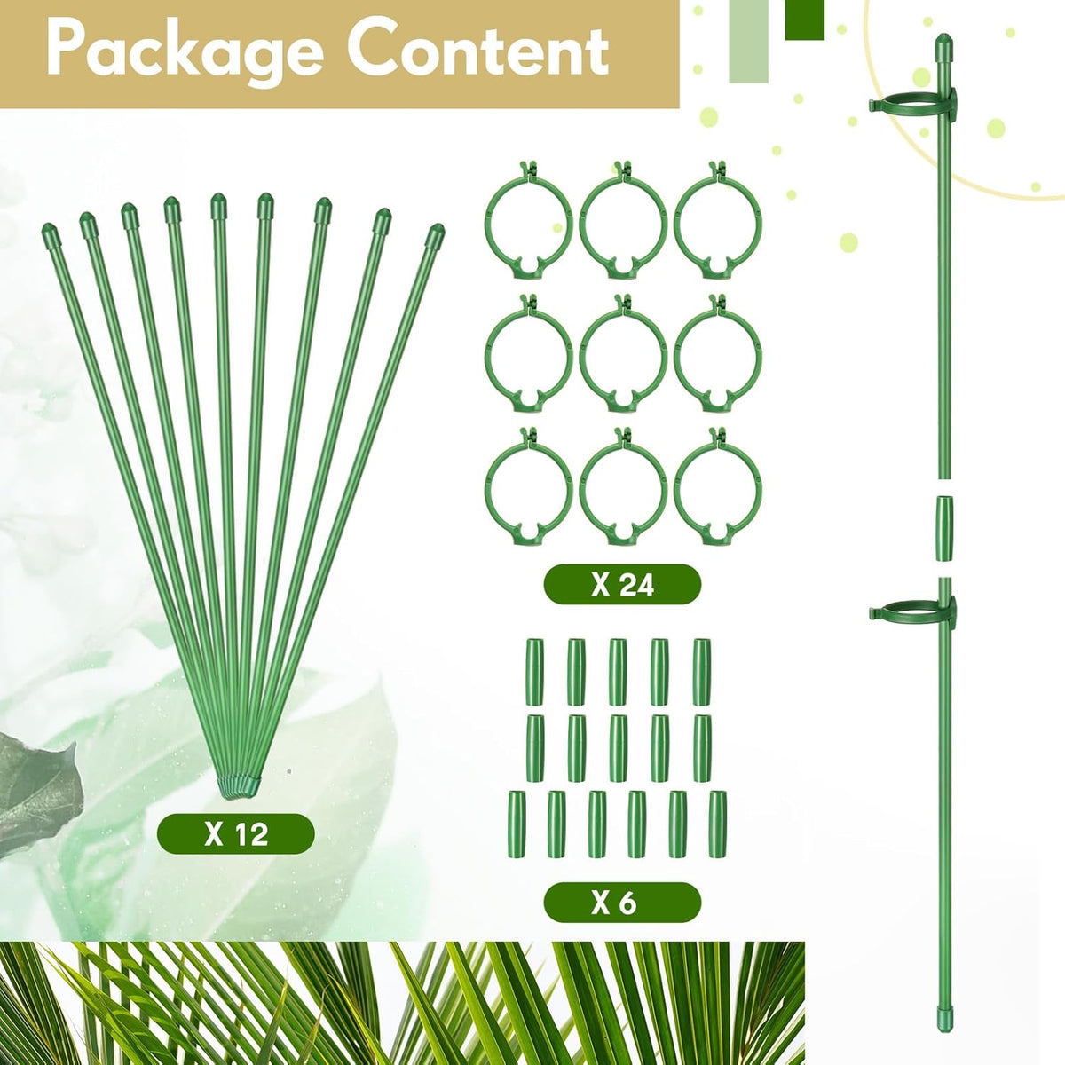 meekoo 12 Pcs Adjustable Garden Plant Support Stakes Single Stem Plant Cage Support Rings with Clips and Connect Pipe for Orchid Rose Tomato, 12 Inch (Green)