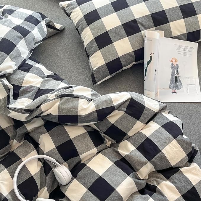 FACE TWO FACE Bedding Duvet Cover Set100% Washed Cotton Duvet Cover Linen Like Textured Breathable Durable Soft Comfy (California King, Black and White Grid)