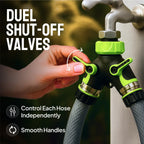 2 Way Hose Splitter Heavy Duty - Metal Y Garden Hose Splitter with Shutoff Valves, Brass Outdoor Faucet Adapter for Spigot, 3/4 Inch GHT Water Hose Connector - Green