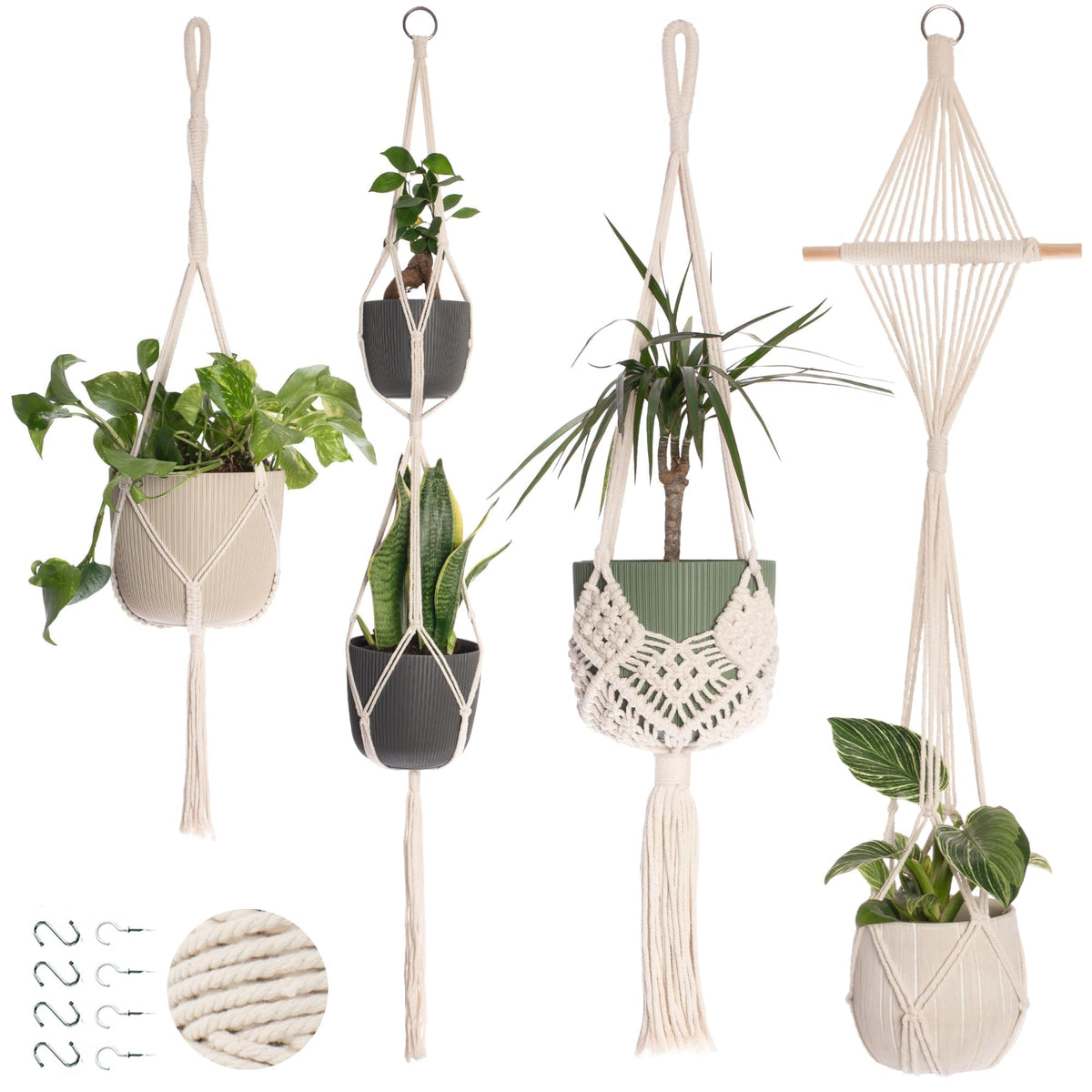 Nook Theory 4-Pack Macrame Plant Hangers with 8 Hooks - Hanging Planters for Indoor Plants, Boho Macrame Hangers Indoor Outdoor, Decorative Plant Hanger Indoor (Cream)
