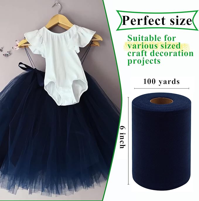 Navy Blue Tulle Fabric Rolls 6 Inch by 100 Yards (300 feet) Fabric Spool Tulle Ribbon for DIY Navy Blue Tutu Bow Baby Shower Birthday Easter Party Wedding Decorations Christmas Craft Supplies