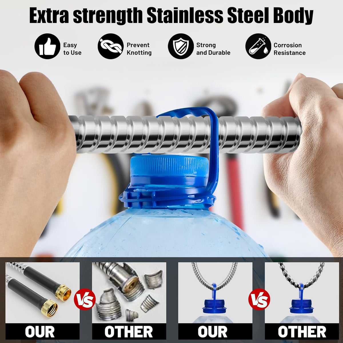Garden Hose 50 ft, Stainless Steel Metal Water Hose 50 Feet with Nozzle, Flexible, Rust Proof, No-Kink, Heavy Duty, Leakproof 3/4 in Fittings, Lightweight Metal Hose, BT50S Model