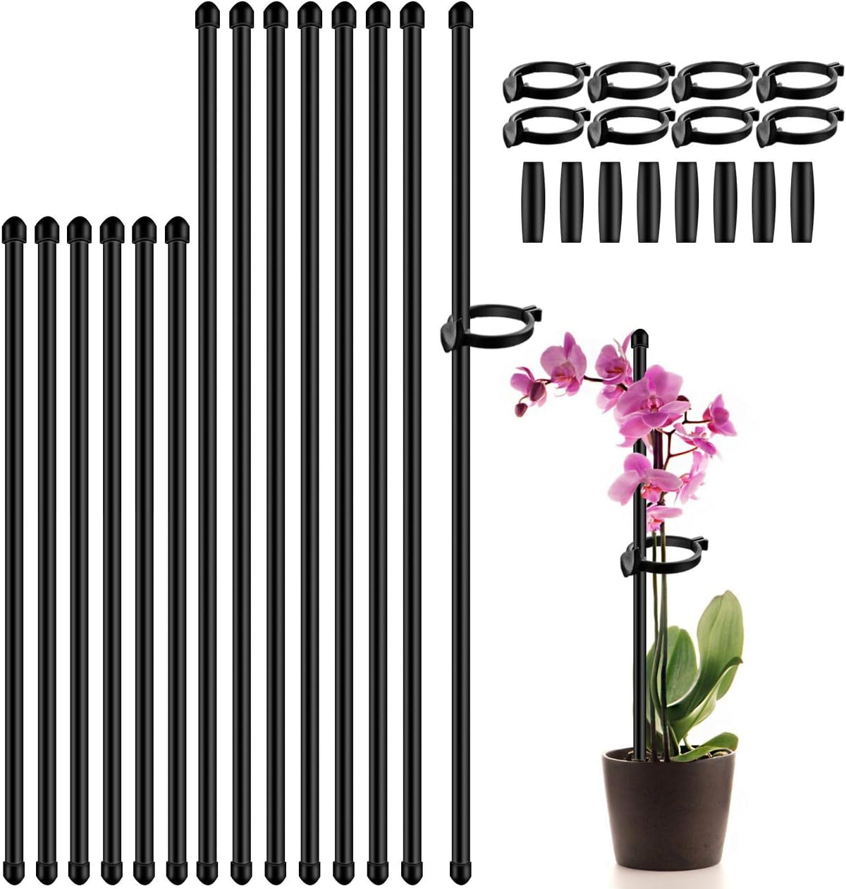 Plant Stakes 17inch &11inch SupKing Adjustable Length Plant Support Stake 16Pcs Black Orchid Stick with Clips for Indoor Outdoor,Garden Pole for Potted Tomato Amaryllis Vegetables with 20 Ties