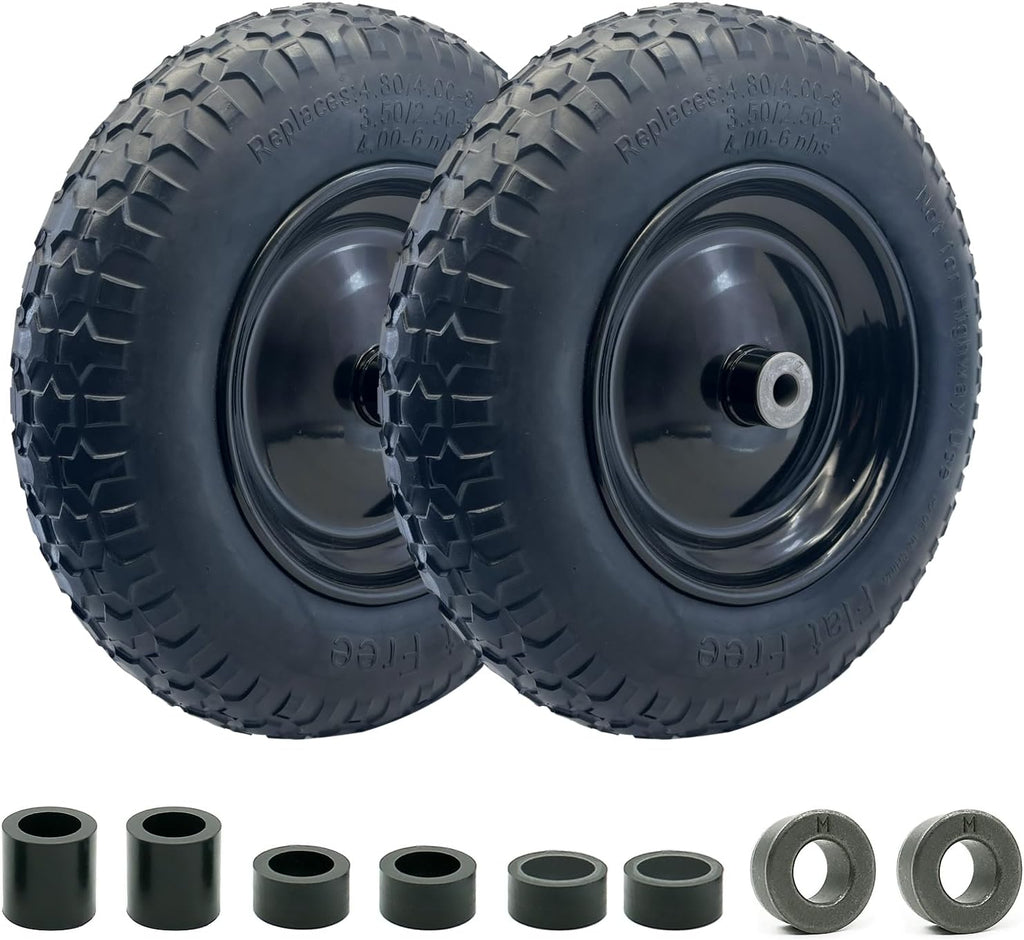 2-Pack of 3.50-8 Wheels,14.5" Flat Free Tires,Steel Rim,5/8" or 3/4"Axle Bore Hole,3”-6" Centered Hub,13"-16" Universal Fit Tire for Wheelbarrow,Hand Truck,Garden and Utility Carts, Trolleys and More