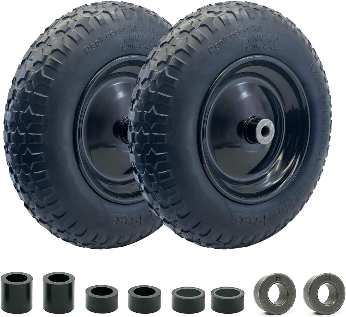 2-Pack of 3.50-8 Wheels,14.5" Flat Free Tires,Steel Rim,5/8" or 3/4"Axle Bore Hole,3”-6" Centered Hub,13"-16" Universal Fit Tire for Wheelbarrow,Hand Truck,Garden and Utility Carts, Trolleys and More