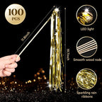 100 pcs Wedding Wands Light up with LED Tinsel Wedding Streamers for Wedding Send off and Greeting Ideal Props for Weddings, Birthday Parties, Christmas Cheerleading Games (Gold)