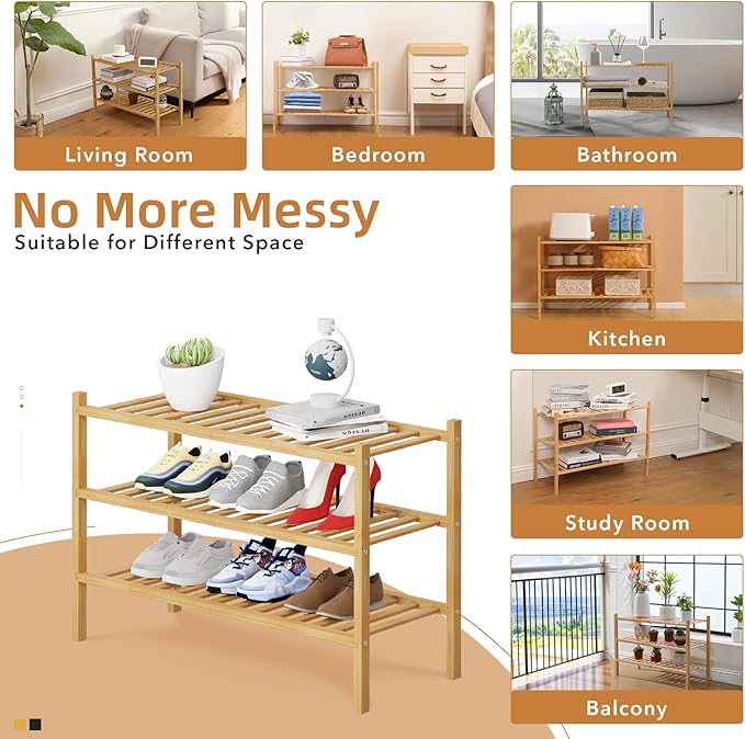 3 Tier Bamboo Shoe Rack Storage Organizer for Closet, Multifunctional Stackable Free Standing Shoe Shelf Organizer for Small Space,Entryway,Hallway,Bathroom 27"x11"x20" (Natural, 3 Tier)