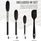 Kaluns Kitchen Tongs for Cooking Grilling Set of 4, BBQ Grill Tongs With Silicone Tip Stainless Steel Heat Resistant, Non-stick Pull Lock, Incl 7, 9, 12 Inch Tong Plus a Silicone Spatula