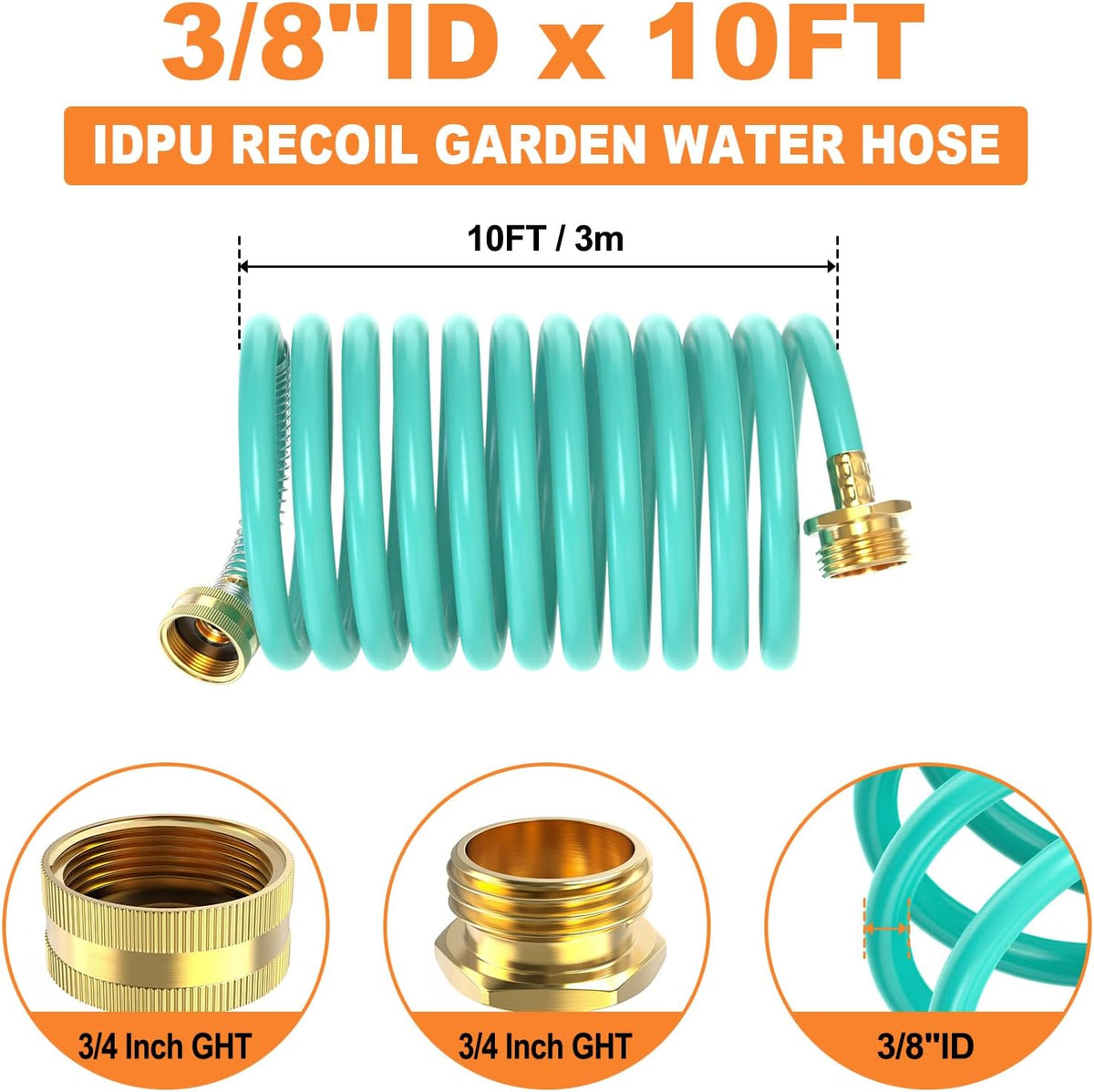 GASHER 10FT PU Recoil Garden Water Hose with 3/4"Inch Brass Fittings Retractable, Swivel Female for Boating, Pool & Spa, RV, Home and Garden（Blue)
