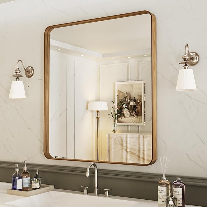 LOAAO 20X16 Inch Bathroom Mirror with Wood Grain Colored Metal Frame, Rounded Rectangle Metal Framed Bathroom Mirror, Anti-Rust, Hangs Horizontally or Vertically