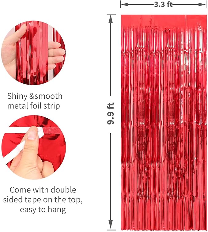Crosize 4 Pack 3.3 x 9.9 ft Red Foil Fringe Curtains Party Decorations, Red Tinsel Curtain Backdrop for Parties, Door Streamers, Glitter Streamer Fringe Backdrop for Birthday Decoration