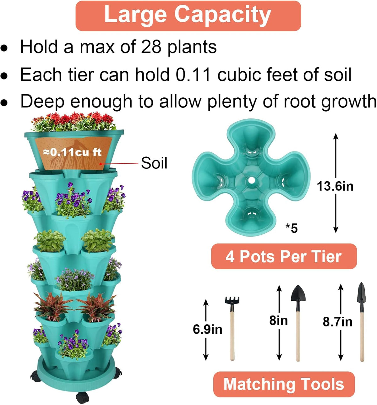 Vertical Planter 7 Tier Stackable Planters Garden Planters Strawberry Herb Flower and Vegetable Planter Indoor Outdoor Gardening Pots with Removable Wheels and Tools