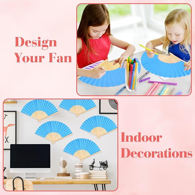 12 Pieces Blue Hand Held Bamboo Folding Fans Paper Fans Handheld for Women Foldable Girls Wedding DIY Decoration Church Home Party Favors Summer