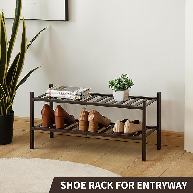 2-Tier Bamboo Shoe Rack for Entryway, Stackable | Heavy Duty | Multi-Function, Free Standing Shoe Racks for Bedroom Hallway Closet
