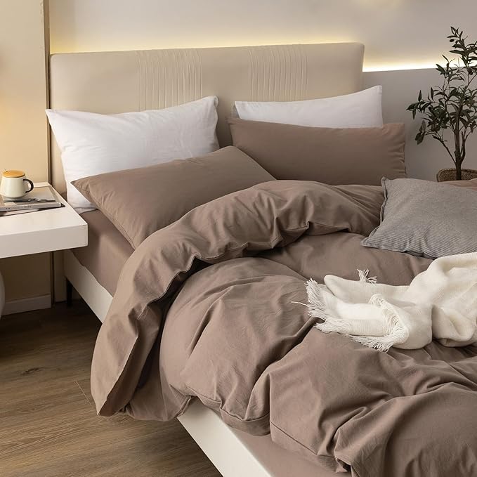 JIYUAN 100% Washed Cotton Duvet Cover Set 3 Pieces Full, 1 Duvet Cover 80x90 Inches(Comforter Not Included) and 2 Pillowcases,Linen Feel Bedding Set Comfy and Breathable,Light Brown