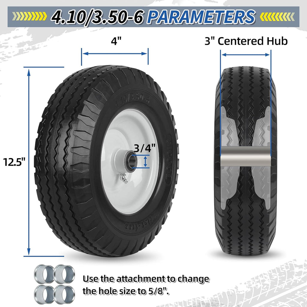 4.10/3.50-6 Flat Free Tire and Wheel, with 3"-3.5''-4.0''-4.5'' Centered Hub, and 3/4" & 5/8" Bearings, Replacement for Wheelbarrow, Hand Truck/All Purpose Utility Tire on Wheel, (2 Pack)