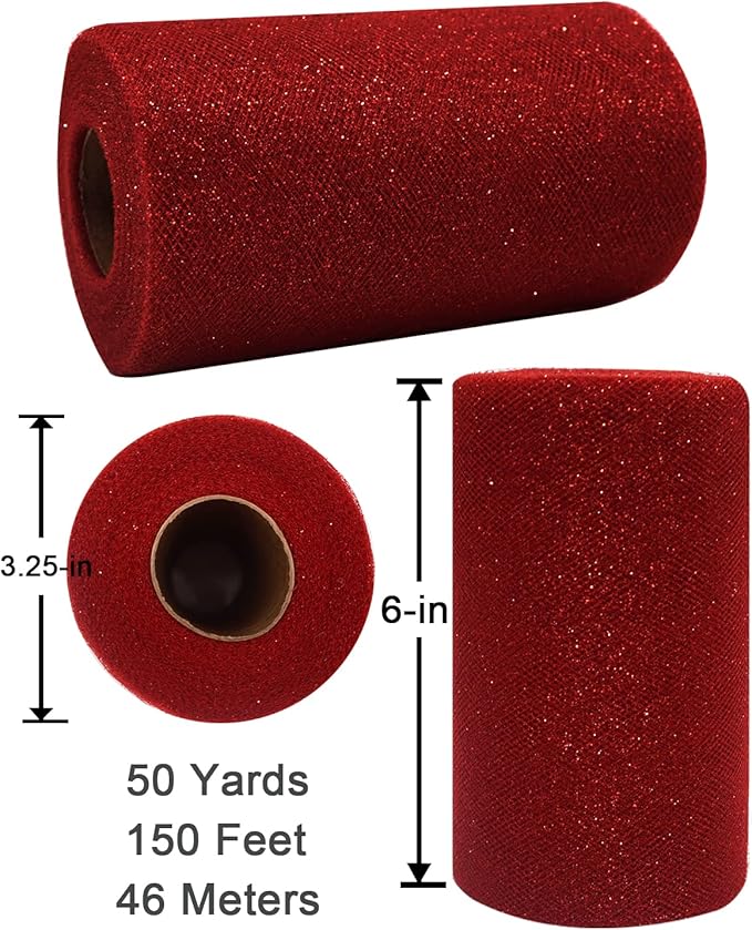 Glitter Tulle Fabric Rolls, 6 Inch 50 Yards (150ft) Sparkling Spool Ribbon Sequin Netting for Tutu Skirt Gift Wrapping Wedding Party Decoration (Red)
