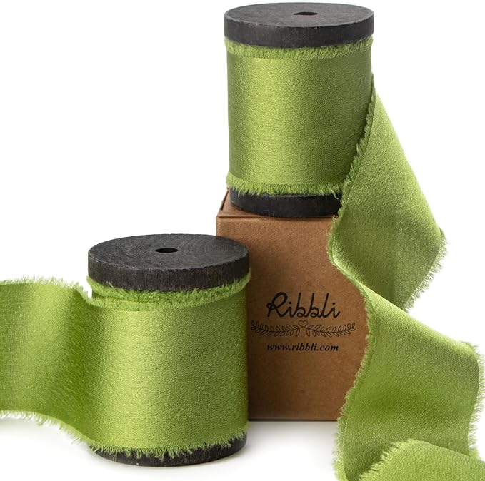Ribbli Avocado Green Silk Satin Ribbon - 1.5 Inch x 12 Yard Handmade Frayed Chiffon Ribbon with Wooden Spool for Gift Wrapping, Wedding Invitations, Bridal Bouquets & Home Decor
