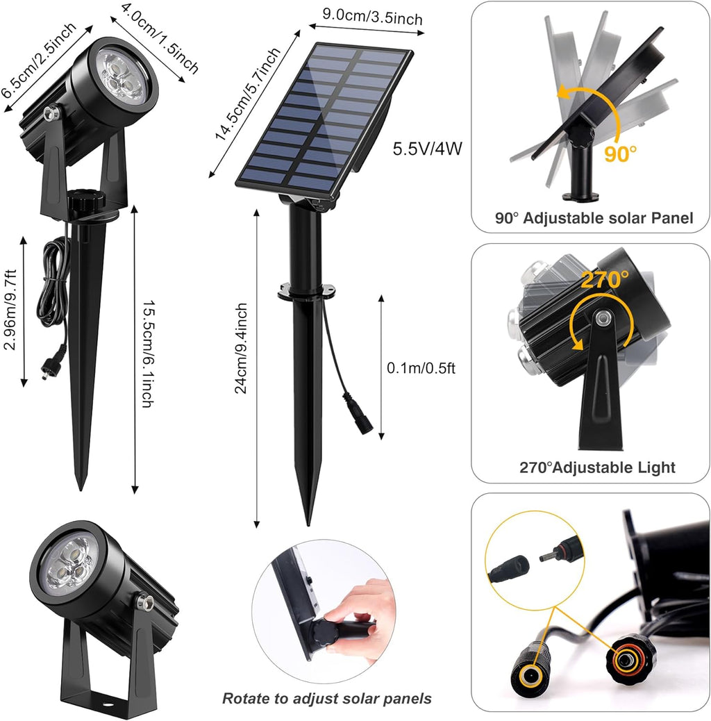 Solar Spot Lights Outdoor, Solar Landscape Spotlights IP65 Waterproof 9.8ft Cable,Auto On/Off Outdoor Wall Lights for Garden Yard Driveway Porch Walkway Pool (3000K Warm White)