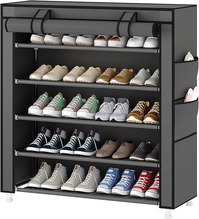 Laiensia 5-Tier Vertical Shoe Rack Organizer, Space Saving Shoe Storage Organizer, Non-Woven Cover Shoe Shelf Holds 20-25 Pairs for Bedroom, Hallway, Closet Entryway, Grey