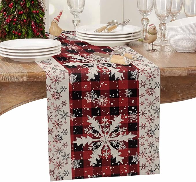 Buffalo Plaid Christmas Cotton Linen Table Runner for Dining Kitchen, Snowflake Red Black Check Wedding Outdoor Party Tablerunner Decoration,Retro Dresser Scarf Coffee Tablecloth Runners 13x108 Inches