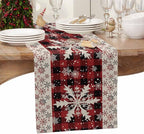 Buffalo Plaid Christmas Cotton Linen Table Runner for Dining Kitchen, Snowflake Red Black Check Wedding Outdoor Party Tablerunner Decoration, Retro Dresser Scarf Coffee Tablecloth Runners 13x60 Inches