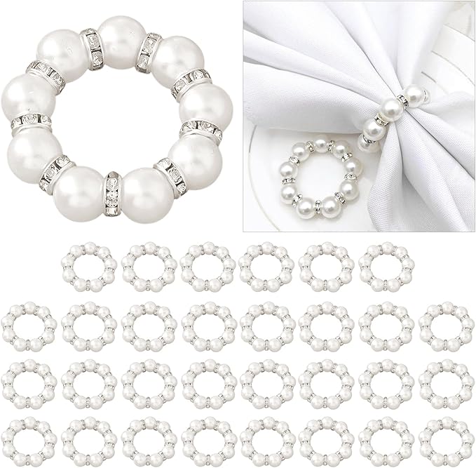 30Pcs Pearl Napkin Rings, Round Napkin Buckles Wedding Beaded White Napkin Rings Silver Napkin Ring Holder for Formal Dinner Reception Party Banquet Table Decor (Sliver)