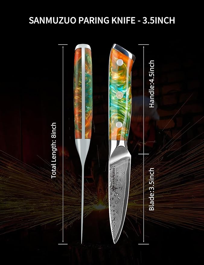 3.5 Inch Paring Knife - Kitchen Fruit Vegetable Knife Damascus Steel & Resin Handle - Xuan Series (Fantasy Orange)