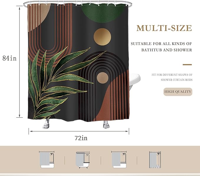 Glawry Dark Green Brown Boho Shower Curtain Abstract Mid Century Retro Tropical Leaves Modern Geometric Bathroom Minimalist Arch Sun 72Wx84L Inches Bath Accessories Art Home Decor Fabric 12 Pack Hooks