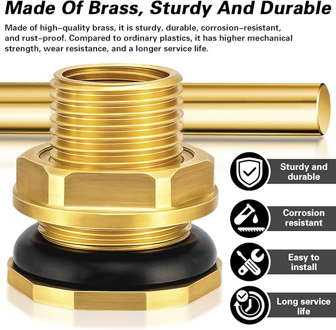 Wantmatch 2 Pack Brass Bulkhead Fitting with Plug Double-Threaded 1/2 NPT to 3/4 GHT Tank Adapter for Water Tanks, Rain Barrels, Garden Hoses Corrosion Resistant, Easy to Install