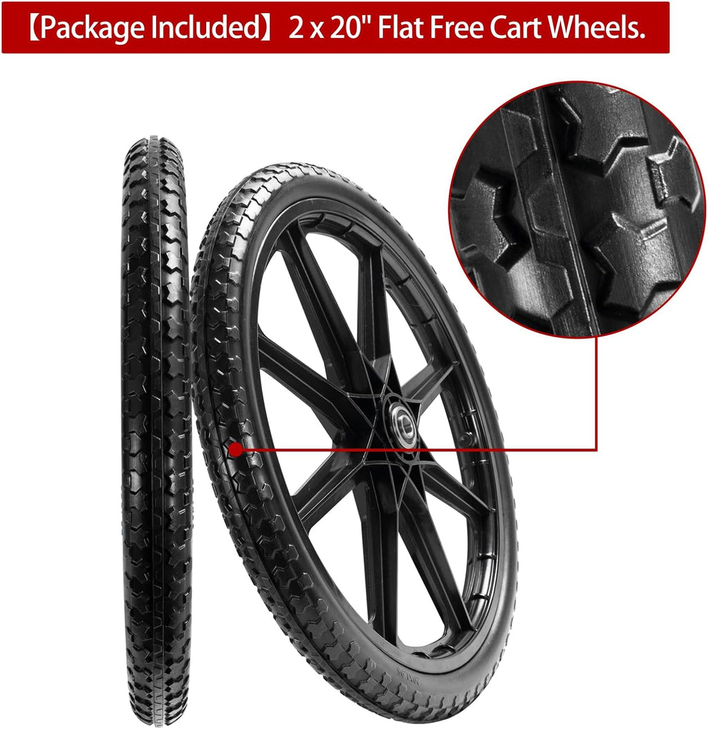 (2 PACK) 20" Flat Free Cart Wheels Compatible with rubbermaid Wheelbarrow Wheels,20x2" Flat Free Tires for Lawn Mower, Garden Cart- 3/4" Bearing,Hub Length 2.5", Black