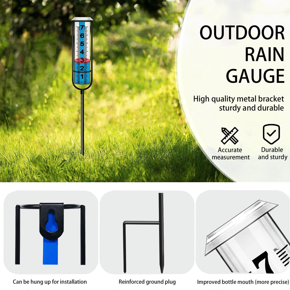 JMBay Rain Gauge Outdoor, Accurate rain gauges Outdoors Best Rated, Tall rain Gauge for Yard with Stake, Decorative rain Measure Gauge for Garden, Deck, Lawn with red Floating Buoy, Adjustable Height